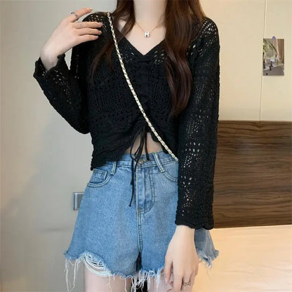 liwuka Korean Simple Hollow Out Drawstring Knit Sweaters Women Spring Summer Solid V-Neck Lace Up Sweet and Spicy Sexy Design Short Top