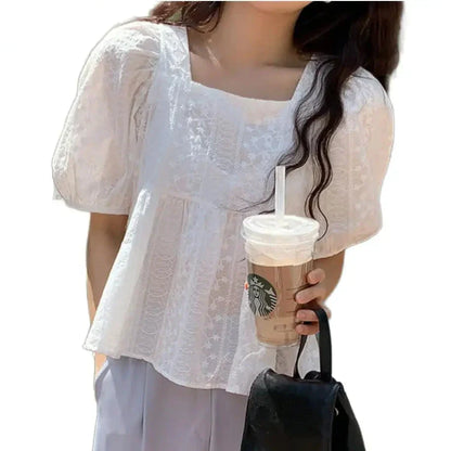 liwuka New Arrival Summer Korean Fashion Clothing Casual Women Tops Square Collar Embroidery Cotton White Elegant Peplum Blouses