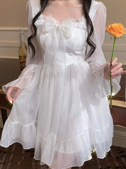 liwuka White Kawaii Dress Women Chiffon Lolita Style Long Sleeve Mini Dresses Bow Fairy Robe Ruffles Patchwork Square Collar