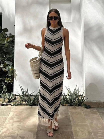 liwuka Summer Knitted Beach Dress Women Elegant Fashion Tassel Striped Long Dresses Summer Slim Bohemian Holiday Outfits 2024 Beachwear