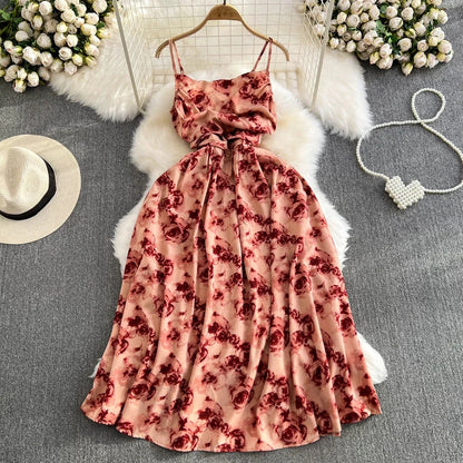 liwuka 2024 New Summer Romantic Floral Print Long Dress Vintage Rose Print High Waist Spaghetti Strap Summer Dress Lady Beach Sundress