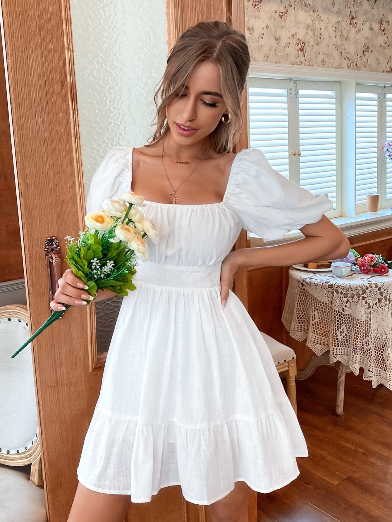 liwuka White Summer Dress Backless Lace Up Ruffles Ruched Solid Tie Back Flounce Dress Puff Sleeve Elegant Dress