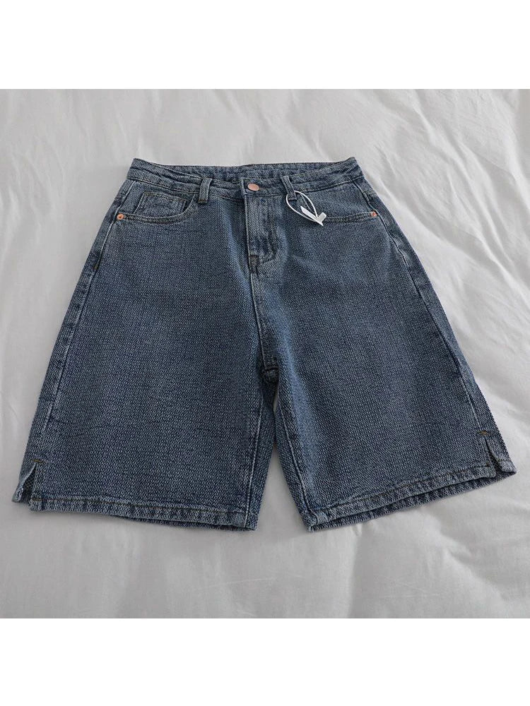 liwuka American Vintage Casual High Waist Blue Denim Shorts Fashion Women's Y2K Wide Leg Baggy Straight Jeans Pants Female Clothes