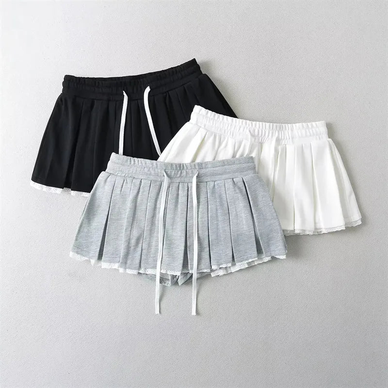 liwuka Summer Korean Fashion Black Mini Skirt Kawaii Y2k Clothes Lace Skirts for Woman High Waist Skirts with Lace Trim Drawstrings