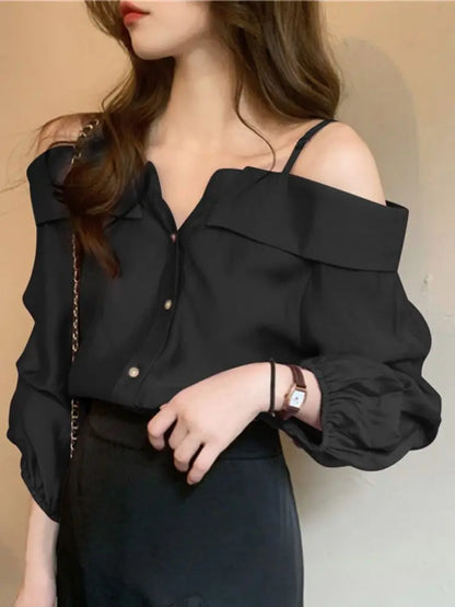 liwuka Fashion Shirts Women Sexy Off Shoulder Blouse Summer Casual Straps Button Tops Long Sleeve Pleated Solid Loose Tunic