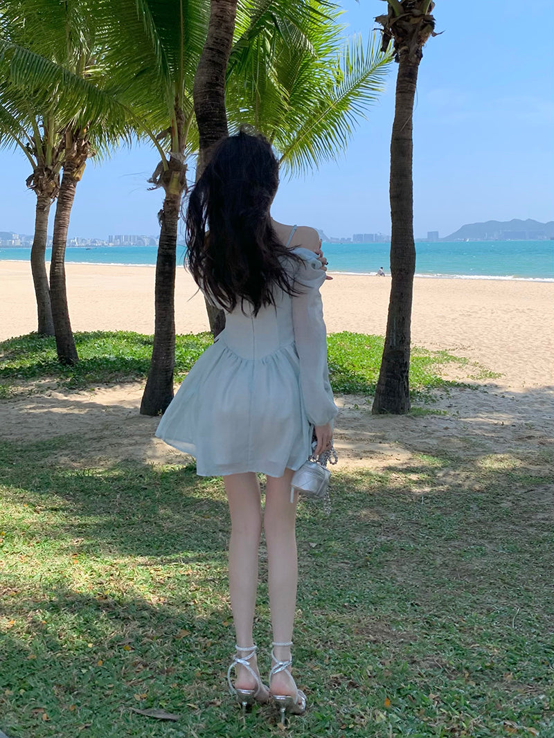 liwuka Long Sleeve Dress Female Blue Sweet A-Line Summer High Waist Vintage Slim Fairy Dress Princess Dress Sundress Beachwear Holiday Fairy Dress