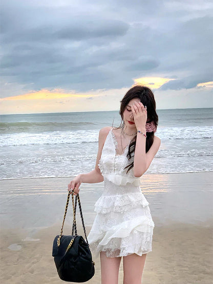 liwuka Beach Style Whit V-Neck Dress Even Party Female Elegant 2000s Vintage Clothing Korean Fashion Y2k Mini Dress Women Summer Boho