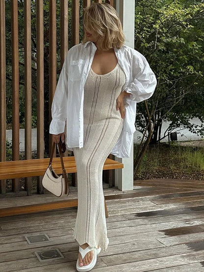 liwuka Seaside V-neck Sleeveless Hollow Out Sexy Dress Women Tight-fitting Hip Solid Knitted Beach Long Dress 2024 Summer New