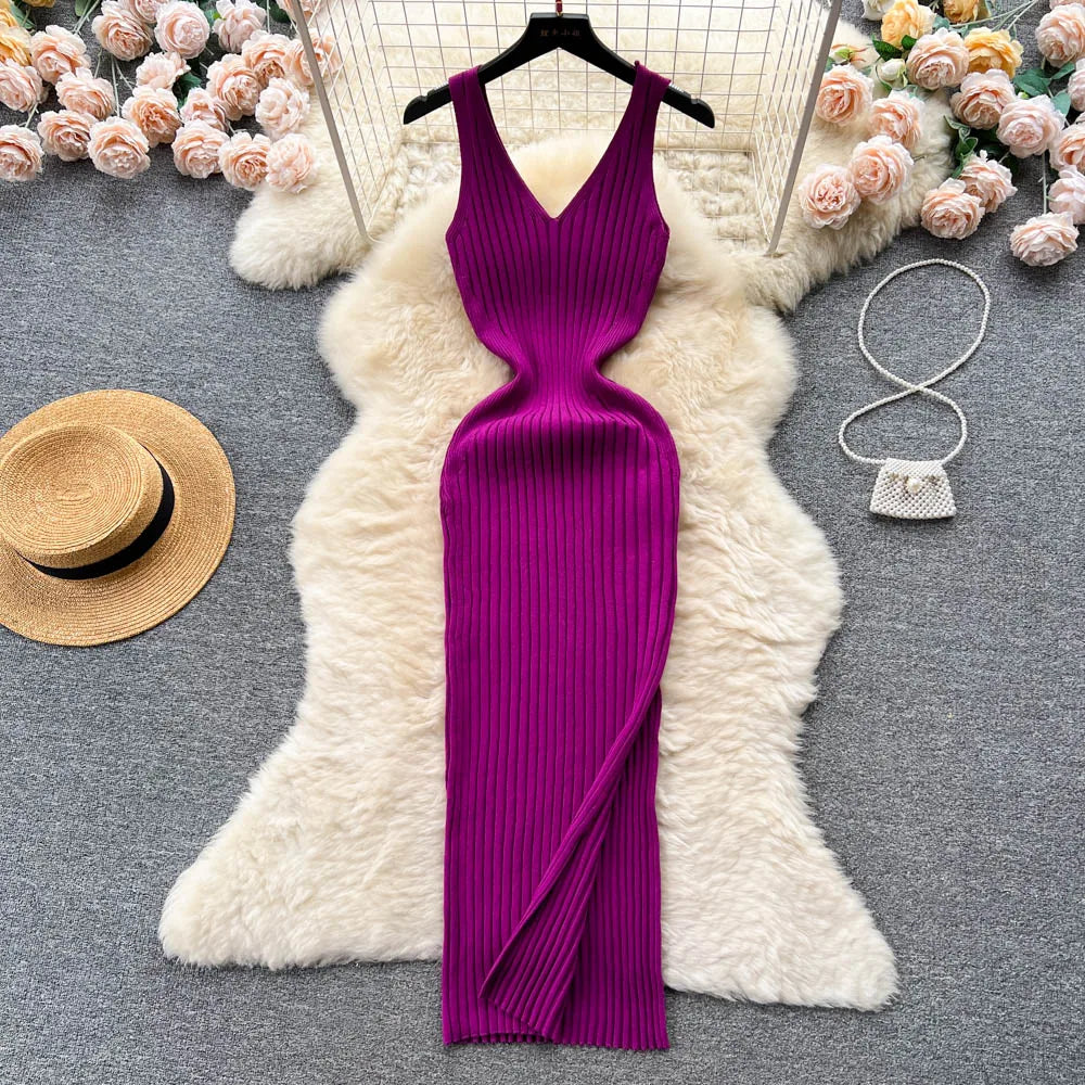 liwuka Women Dress Sexy V-neck Slim Elastic Ribbed Knitted One Piece Bodycon Dress Streetwear Lady Vestidos