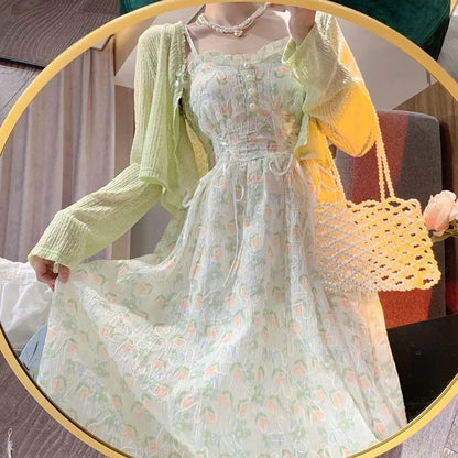 liwuka Spring Summer Elegant Y2k Midi Dress Women Casual Lace One Piece Dress Korean Sweet Vintage Floral Dress Party 2 Piece Set