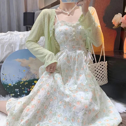 liwuka Spring Summer Elegant Y2k Midi Dress Women Casual Lace One Piece Dress Korean Sweet Vintage Floral Dress Party 2 Piece Set