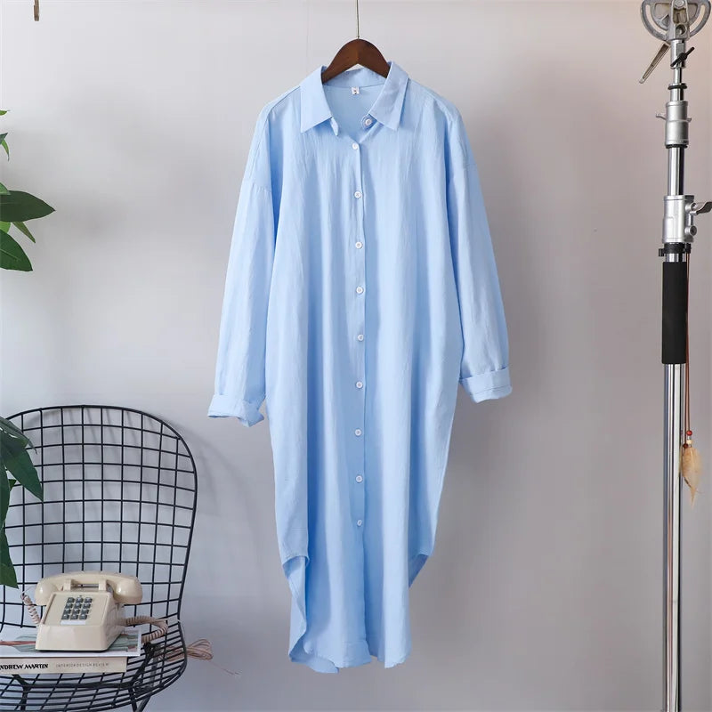 liwuka Long Dresses for Women Cotton Oversized Big Shirt Dress Long Sleeve Turn Down Collar Fashion Ladies Casual Loose Dress