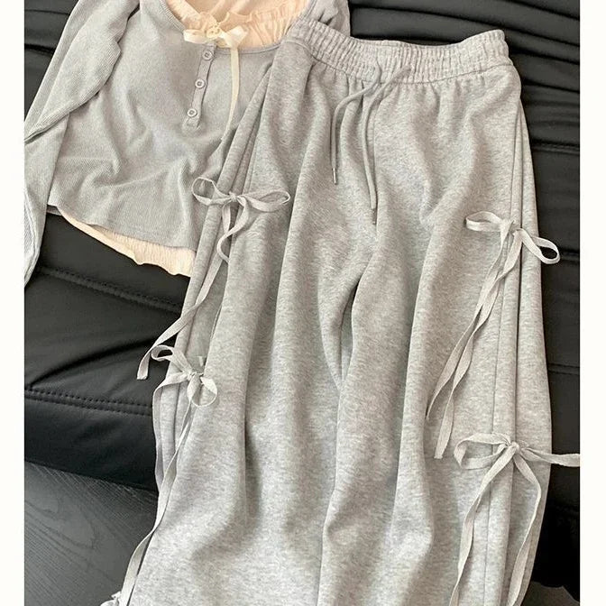 liwuka Summer Korean Style Wear Gray Casual Top Female 2024 New Bow Design Super Sweet High Waist Slim Wide Leg Pants Two-piece Suit