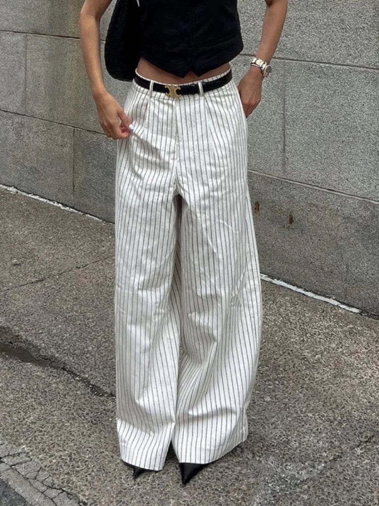 liwuka Women's Casual Black White stripe Wide Leg Pants 2024 New Fashion High Waist Zipper Loose Work Business Pants with Pockets