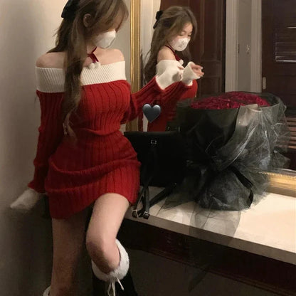 liwuka Christmas Sexy Red Christmas Dress Women Autumn Winter Korean Style Slash Neck Bodycon Knitted Dresses Female Elegant Y2k Party Mini Dress