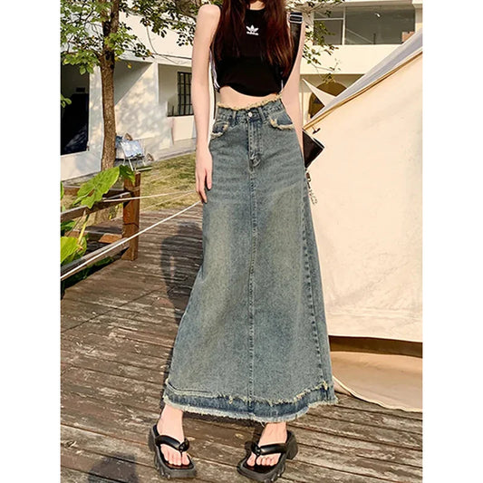 liwuka Summer New High Waist Vintage Ragged Edge Denim Skirt Women's Button Zipper Pockets A-line Slim Fashion Mid Length Denim Skirt