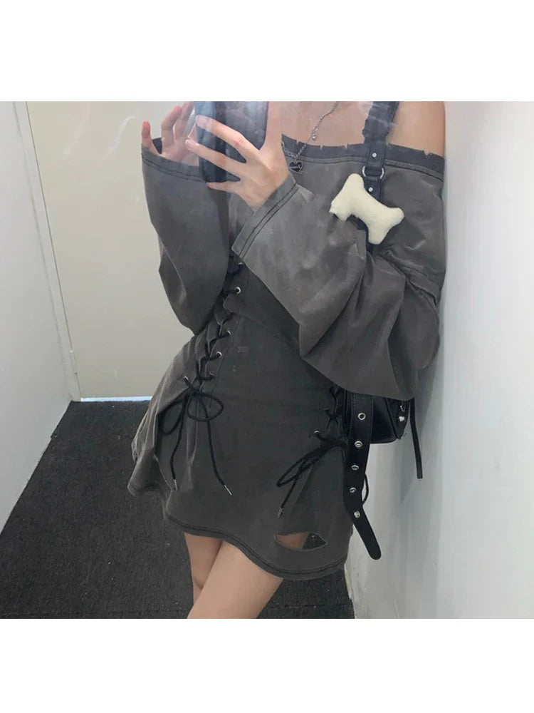 liwuka Women Gothic Baddie Style Long Sleeve Slash Neck Dress Harajuku Fashion Oversize Y2k Streetwear Gyaru Hot Off-shoulder One-Piece