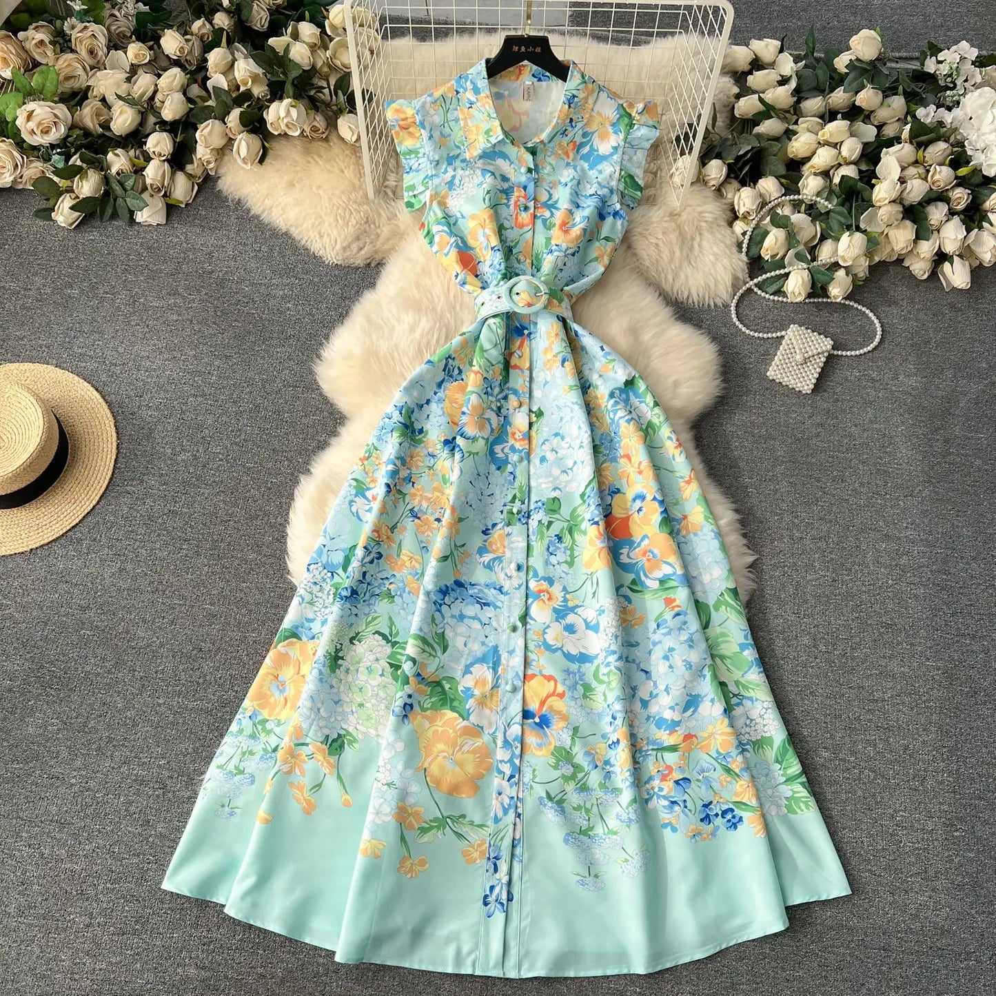 liwuka New Fashion 2024 Summer Holiday Long Dress Women's Gorgeous Sleeveless Turn Down Neck Floral Print Belt Robe Beach Vestidos