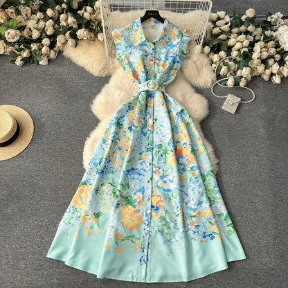 liwuka New Fashion 2024 Summer Holiday Long Dress Women's Gorgeous Sleeveless Turn Down Neck Floral Print Belt Robe Beach Vestidos