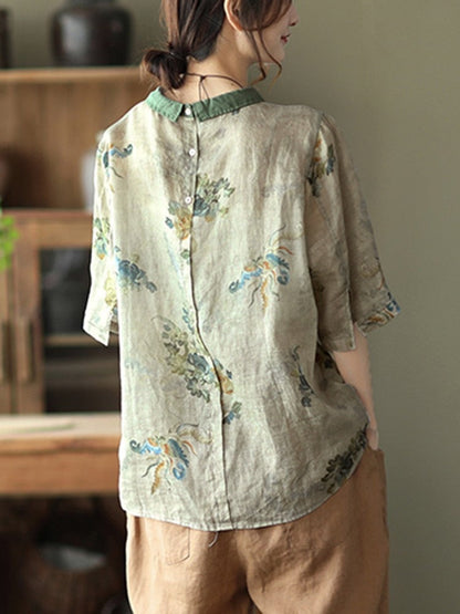 liwuka Women Summer Casual Shirts New Vintage Style Floral Print Loose Comfortable Cotton Linen Female Half Sleeve Tops