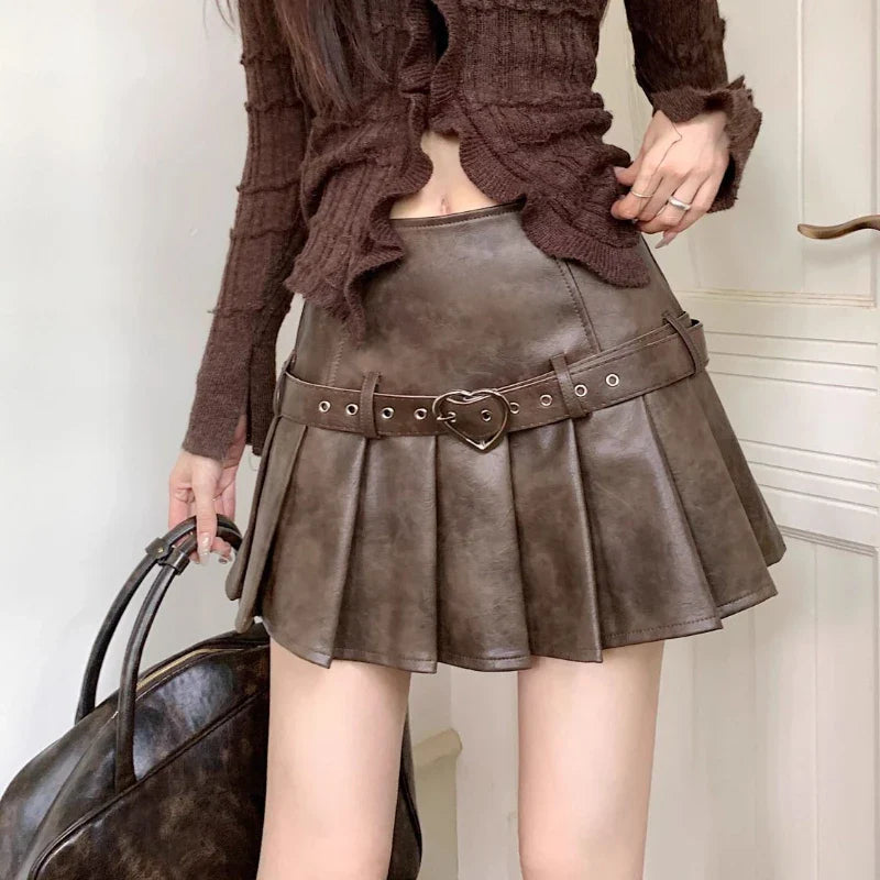 liwuka Vintage Pleated Leather Skirt Women Y2k Gothic Mini Skirts Punk Korean Style Retro Solid Grunge Short Skirts Streetwear