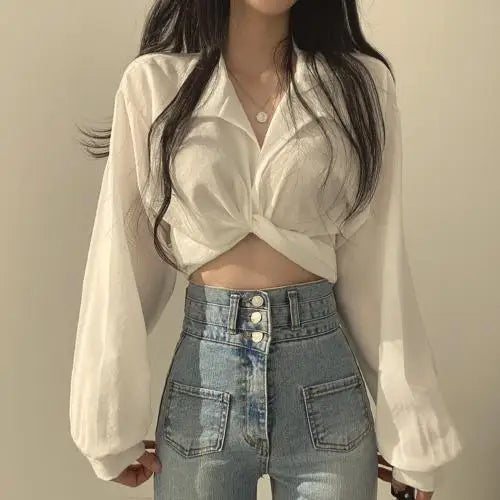 liwuka Korean Clothing Fashion Women Short Navel Shirt Summer New Top Solid Sexy Bow Versatile Slim Female Chic Long Sleeve Blouse