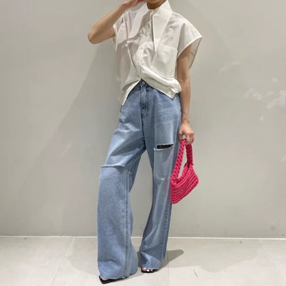 liwuka Simple Solid Color Lapel Women Blouses Loose Large Pocket Design Blusas Short Sleeve Shirts Korean Summer Top for Women