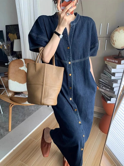 liwuka Retro Blue Denim Dress For Women'S Summer Casual Washed Pear Shaped Figure Slimming And Loose Fitting Long Skirt