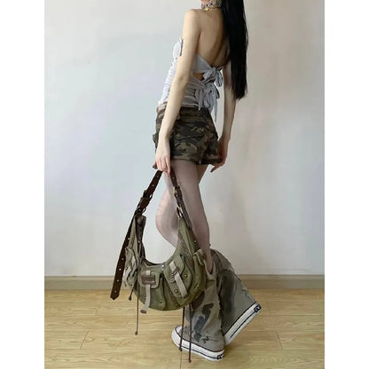 liwuka Vintage Women's Denim Shorts Hight Waisted Pockets Camouflage Y2k Casual Jeans Cargo Pants Gothic Green Short Jeans 2024 Summer