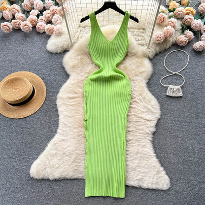 liwuka Women Dress Sexy V-neck Slim Elastic Ribbed Knitted One Piece Bodycon Dress Streetwear Lady Vestidos