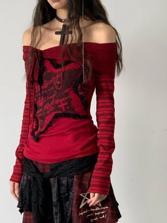 liwuka Gothic Off Shoulder Women T-shirts Red Harajuku Striped Japanese Y2k AestheticLong Sleeve Tops Vintage Goth Sexy Tshirts