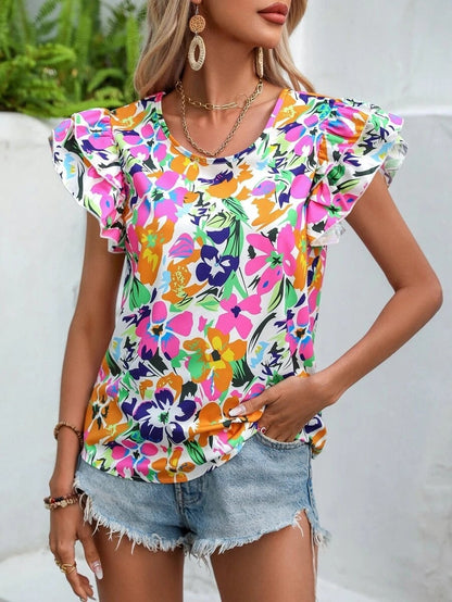 liwuka Fashion Flower Print Flying Sleeve Shirt Blouse Woman Spring Summer Casual O-neck Short Sleeve Blouses For Women Loose Tops