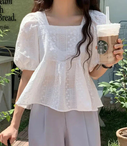 liwuka New Arrival Summer Korean Fashion Clothing Casual Women Tops Square Collar Embroidery Cotton White Elegant Peplum Blouses