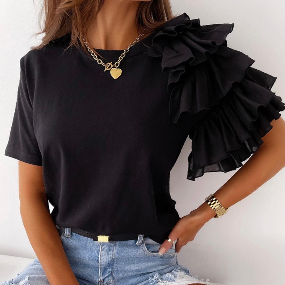 liwuka Fashion blouse women elegant white Solid Color Layered Ruffle Short Sleeve Asymmetric Loose T-shirt Top for Summer Women Blouses