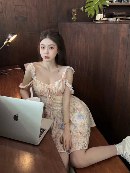 liwuka Summer New Korean Ins Square Collar Sexy Puff Sleeves Floral Holiday Short Dress Ladies dresses women