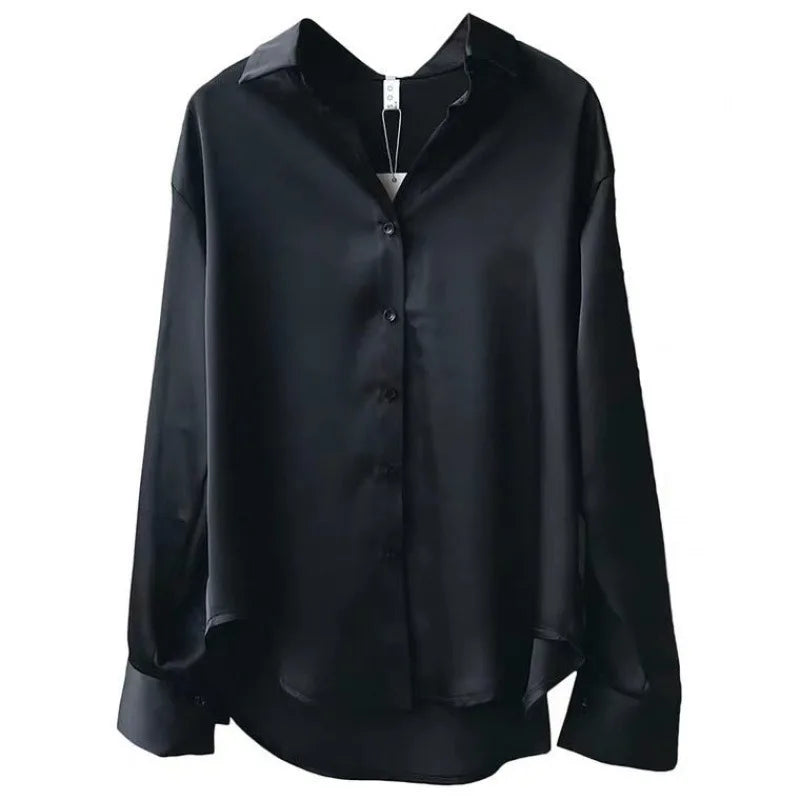 liwuka Women Silk Shirt New Vintage Fashion Solid Button Up Long Sleeves Blouse Tops Female Summer Casual Loose Office Lady Shirts