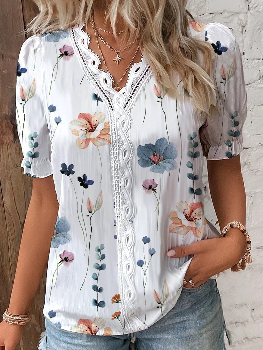 liwuka Casual V Neck Lace Hollow Out Shirt Blouse Office Lady Summer Elegant Floral Print Short Sleeve Shirts For Women White Tops