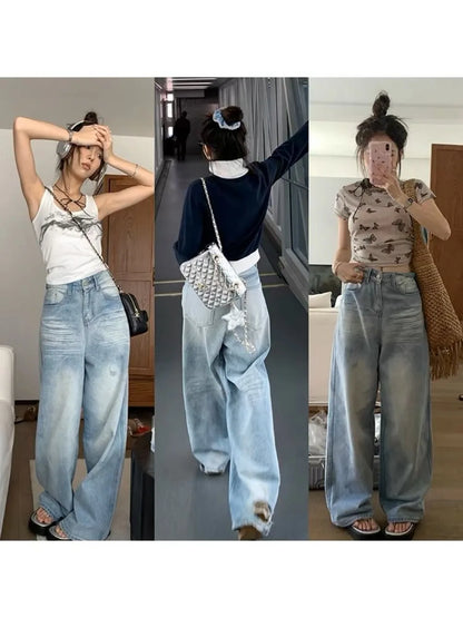 liwuka Light blue ripped jeans 2024 spring and summer niche design stretch straight high waist wide leg trousers women