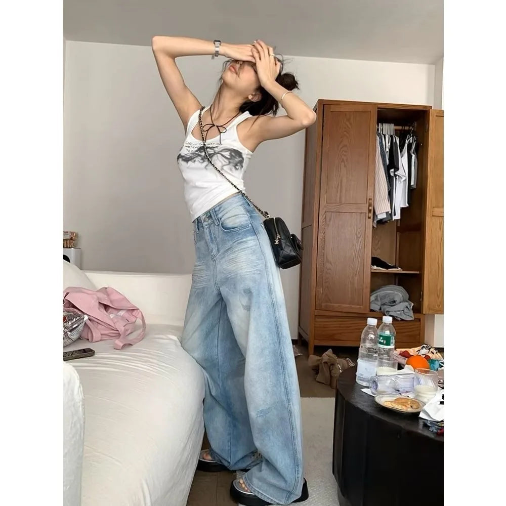 liwuka Light blue ripped jeans 2024 spring and summer niche design stretch straight high waist wide leg trousers women