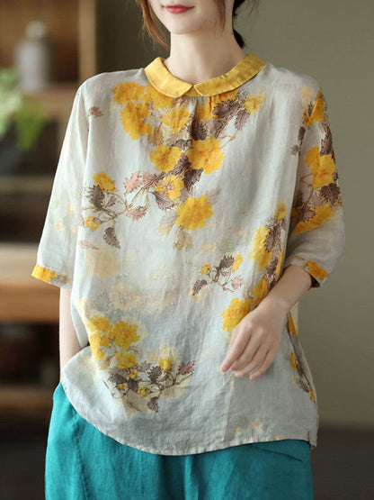 liwuka Women Summer Casual Shirts New Vintage Style Floral Print Loose Comfortable Cotton Linen Female Half Sleeve Tops