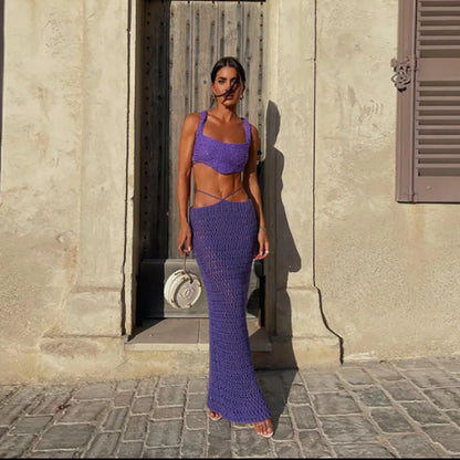 liwuka Knit Beach Dress Set for Women Sexy See Through Slim Crop Top and Long Skirt Suit Summer Purple Holiday Two Piece Set 2024