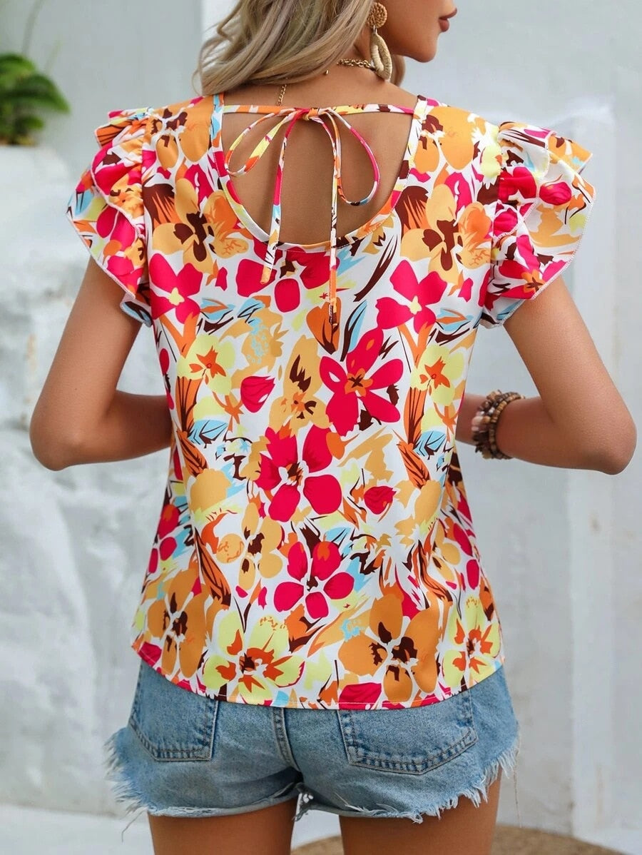 liwuka Fashion Flower Print Flying Sleeve Shirt Blouse Woman Spring Summer Casual O-neck Short Sleeve Blouses For Women Loose Tops