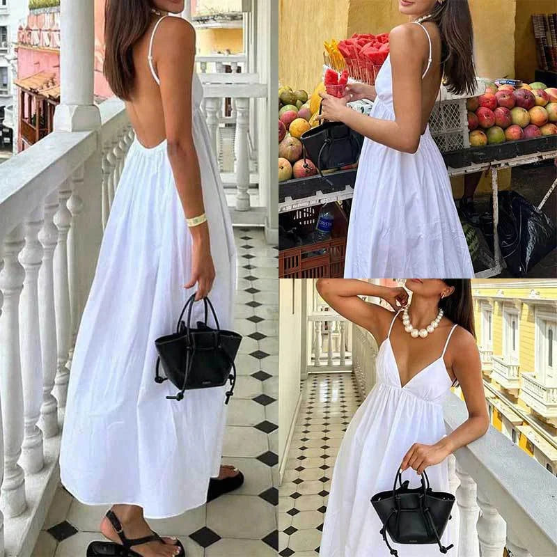 liwuka Elegant Causal Sleeveless A-Line Long Dress Summer Deep V Neck White Sling Dress Lady Simple Backless High Waist Hem Beach Dress