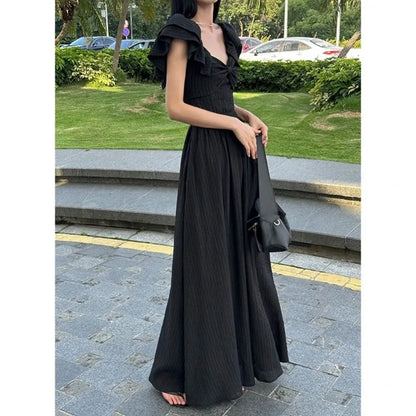 liwuka Korean Fashion Flying Sleeves Bow Hepburn French Retro Dress Summer Solid High Grade Black Dress Female Clothing