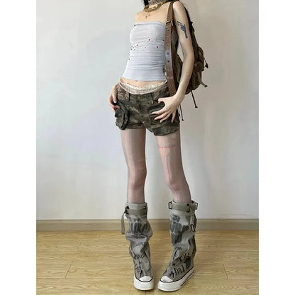 liwuka Vintage Women's Denim Shorts Hight Waisted Pockets Camouflage Y2k Casual Jeans Cargo Pants Gothic Green Short Jeans 2024 Summer