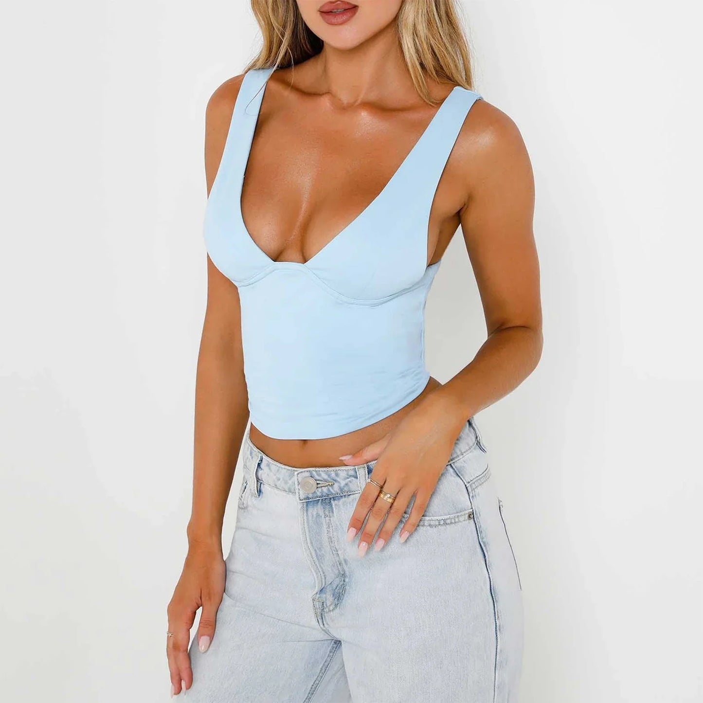 liwuka Women's Y2K Solid Color Cropped Tank Tops Casual Summer Deep V-Neck Ruched Sleeveless Basic Vest for Club Streetwear