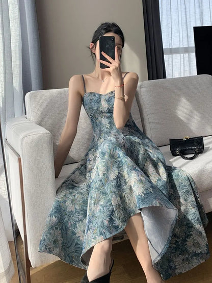 liwuka Summer Long Dresses Women Vintage Prints Elegant French Temper Midi Dress Stylish Partywear Sexy Ladies Sleeveless Ropa Mujer