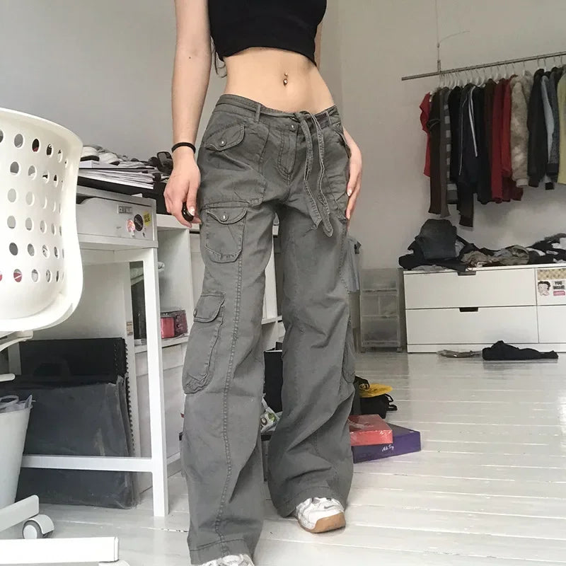 liwuka Button Low Waist Y2K Denim Pants Women Pockets Stitching Straight Cargo Pants Vintage Casual Gray Streetwear Jeans