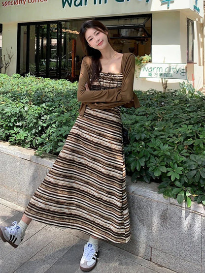 liwuka Stripe Suspended Dress Fashion Knitting Sleeveless V-neck Collar Sexy Dress 2024 Summer New Temperament Long Dress