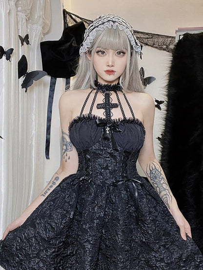 liwuka Mall Gothic Emo Jacquard A-line Dresses Elegant Grunge Ruched Bandage Partywear Punk Black Women Halloween Club Dress